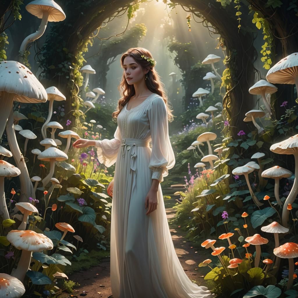 Ethereal Woman in Secret Mushroom Garden