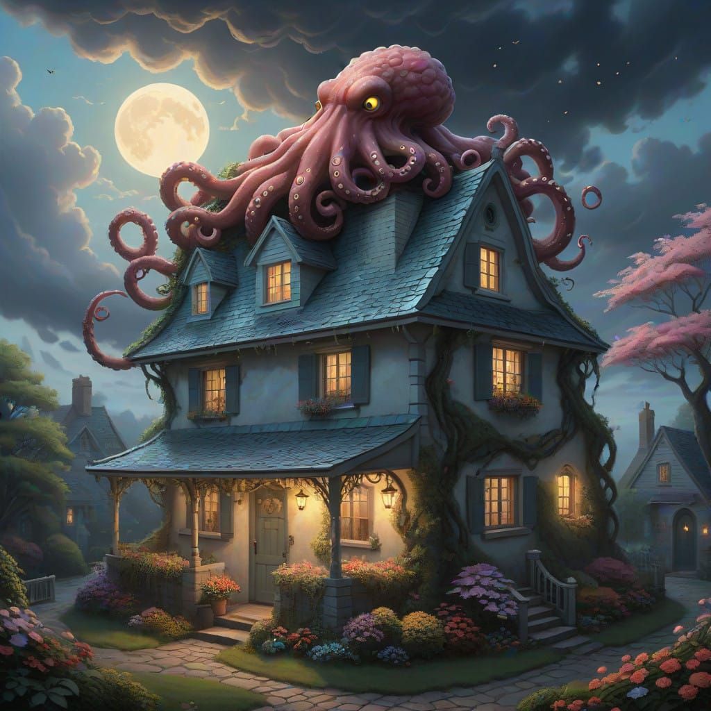 Moonlit Cottage with Ancient, Bioluminescent Guardian