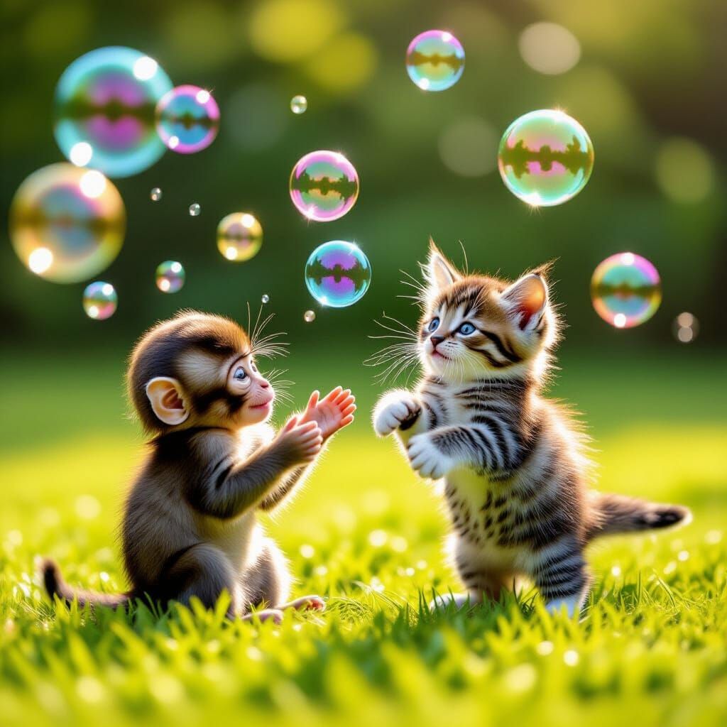Monkey and Kitten Catching Soap Bubbles