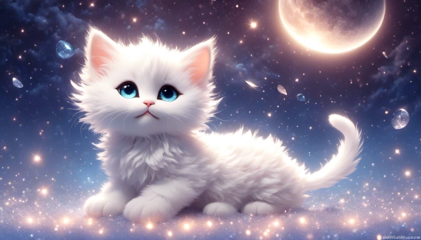 <lora:Glitter and Diamonds:1.0> <lora:eye:1.0> <lora:Unreal:1.0> fluffy white adorable baby kitten in side a moon glimme...