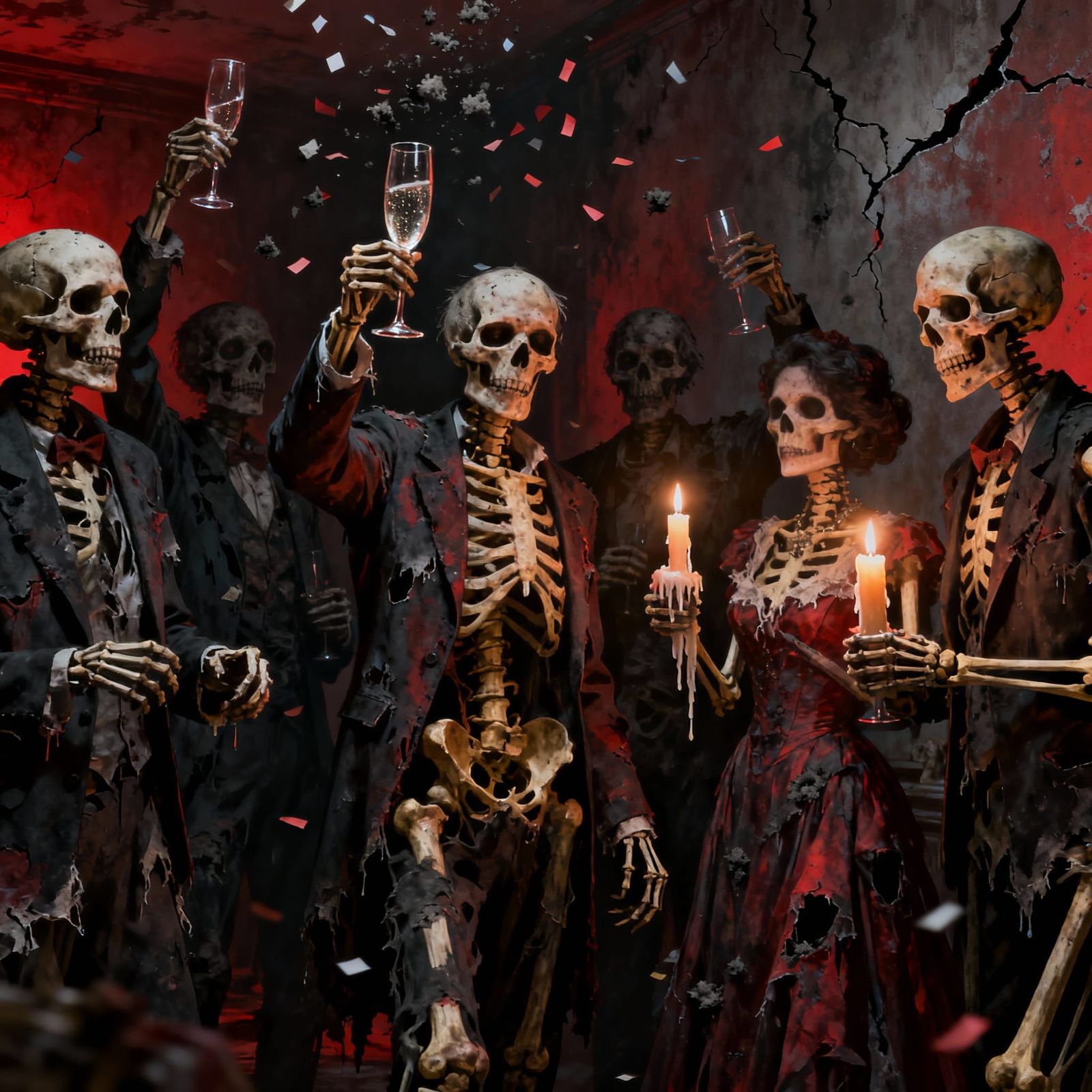 Skeletons in Rotting Attire Celebrate New Years Eve