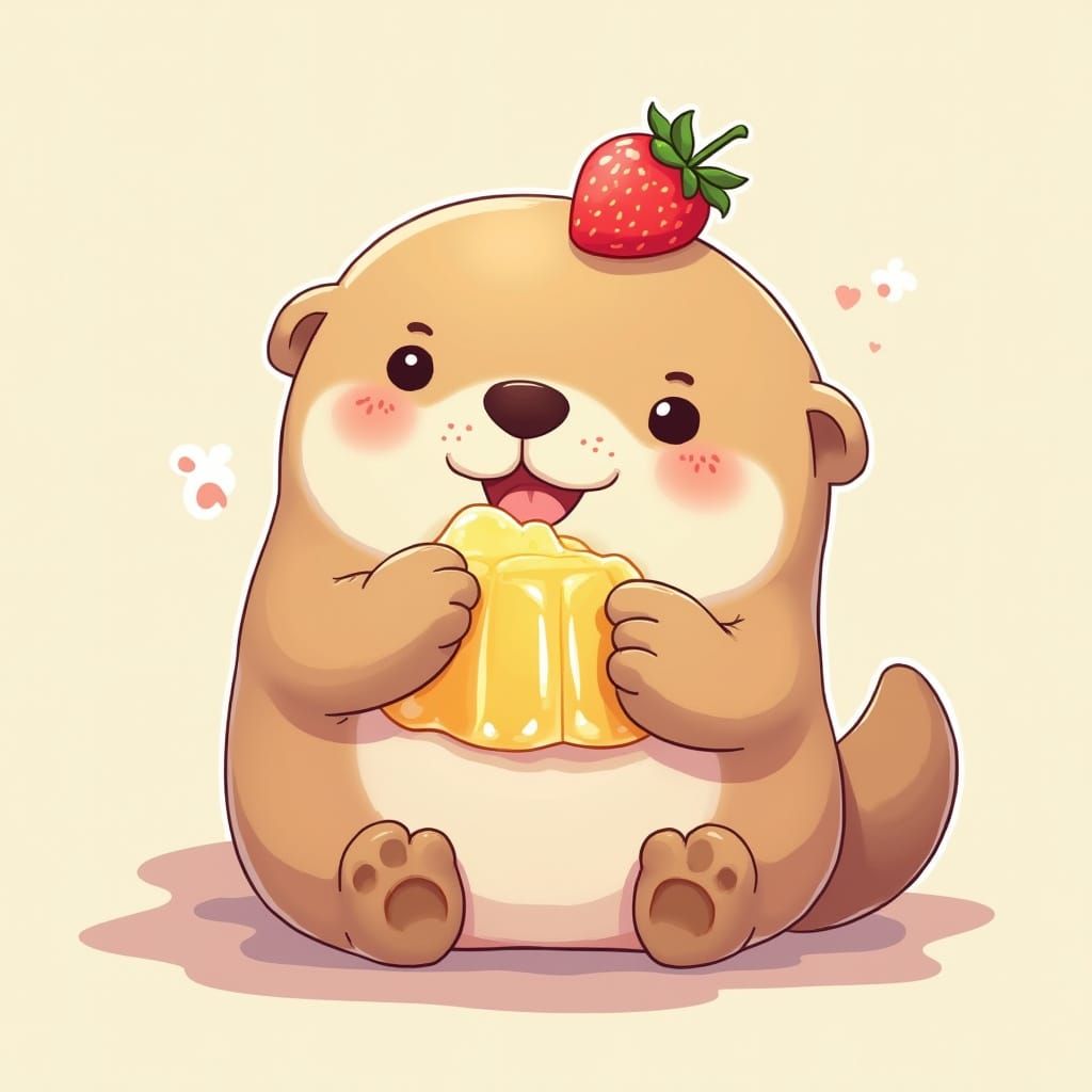 Kawaii Otter Eats Strawberry Jello in Chibi Anime Style