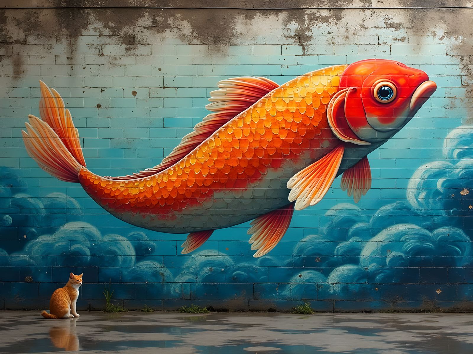 Koi Fish Mural with Mosaic Illusion in Street Art Style