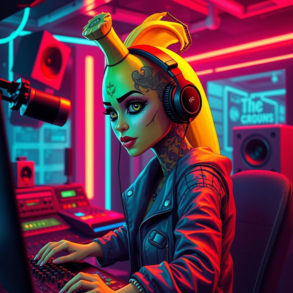 Cyberpunk Banana Audio Engineer in Anime Style