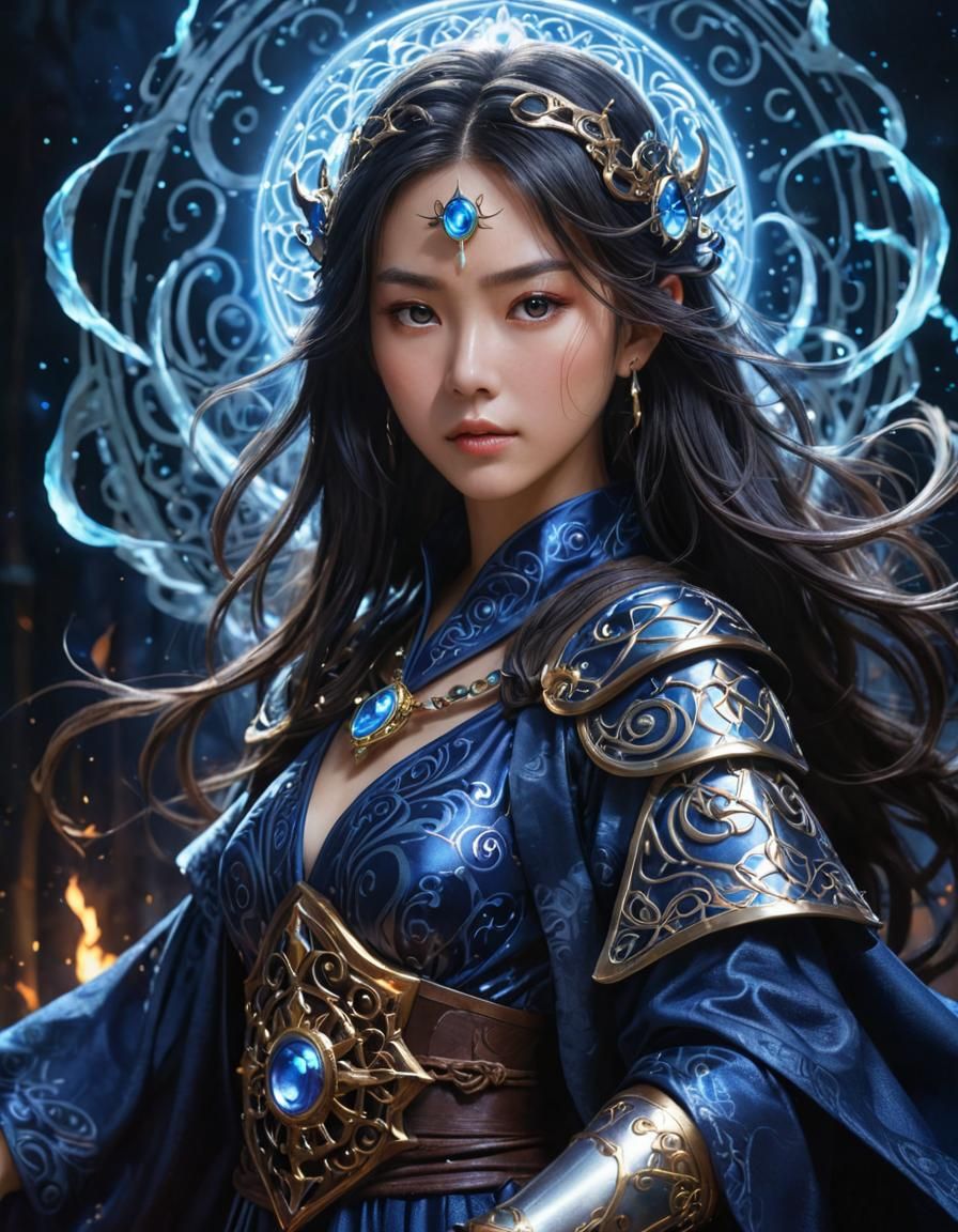 Mysterious Sorceress Warrior with Luminous Shield in Anime S...