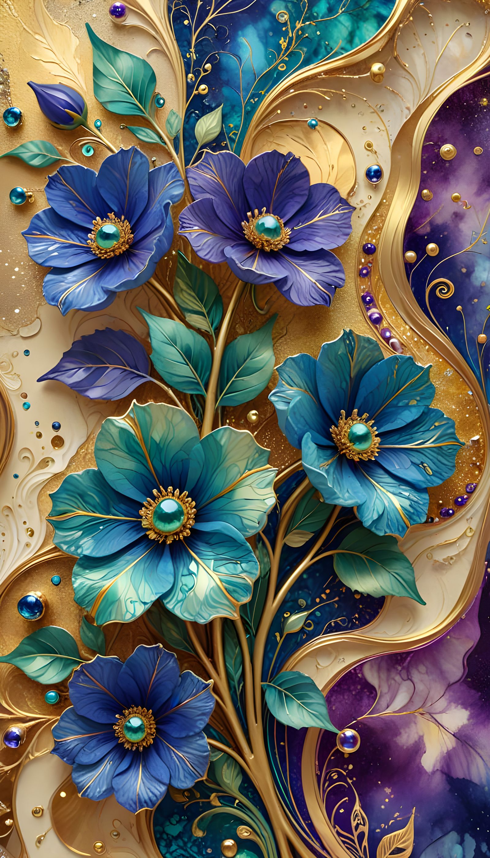 Asymmetrical Blue Flowers with Zentangle Patterns