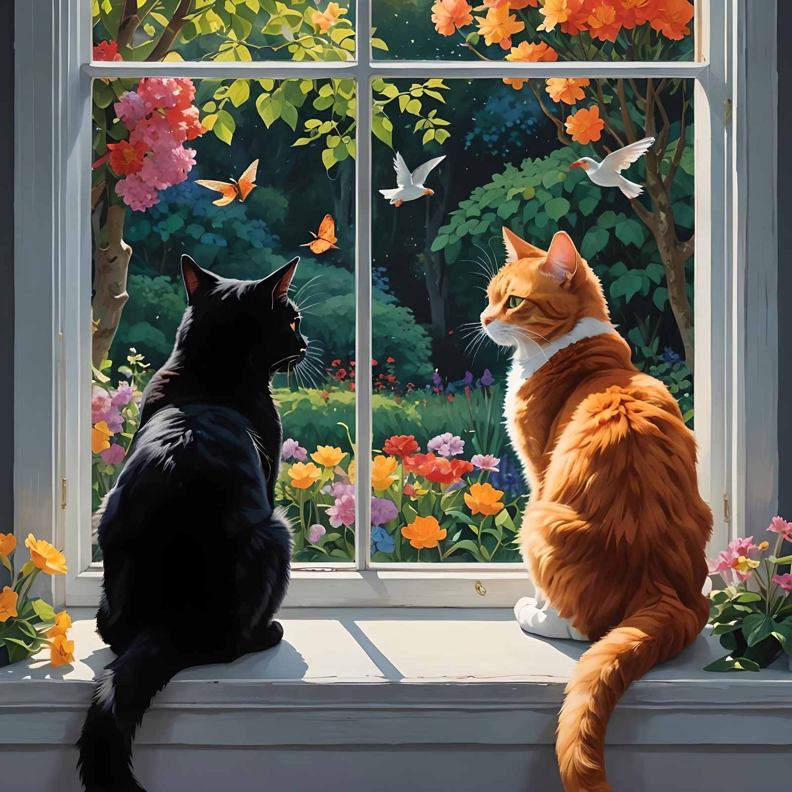 Cats Watching Birds in Sunny Garden