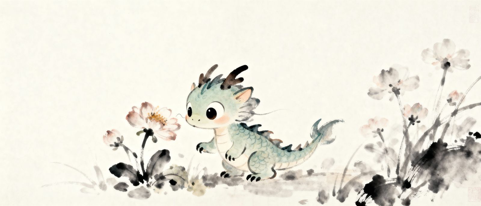 Minimalist Chinese Ink Painting of a Tiny Dragon