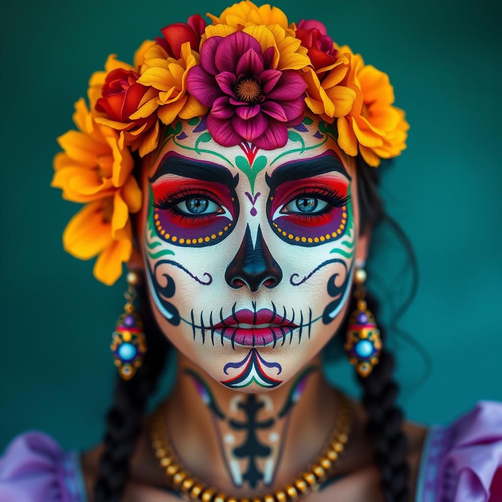Woman with Día de los Muertos Pixel Art Face Paint