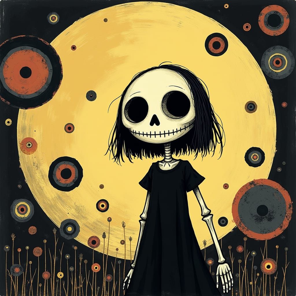 Gothic Skeleton Girl with Moon in Surreal Style