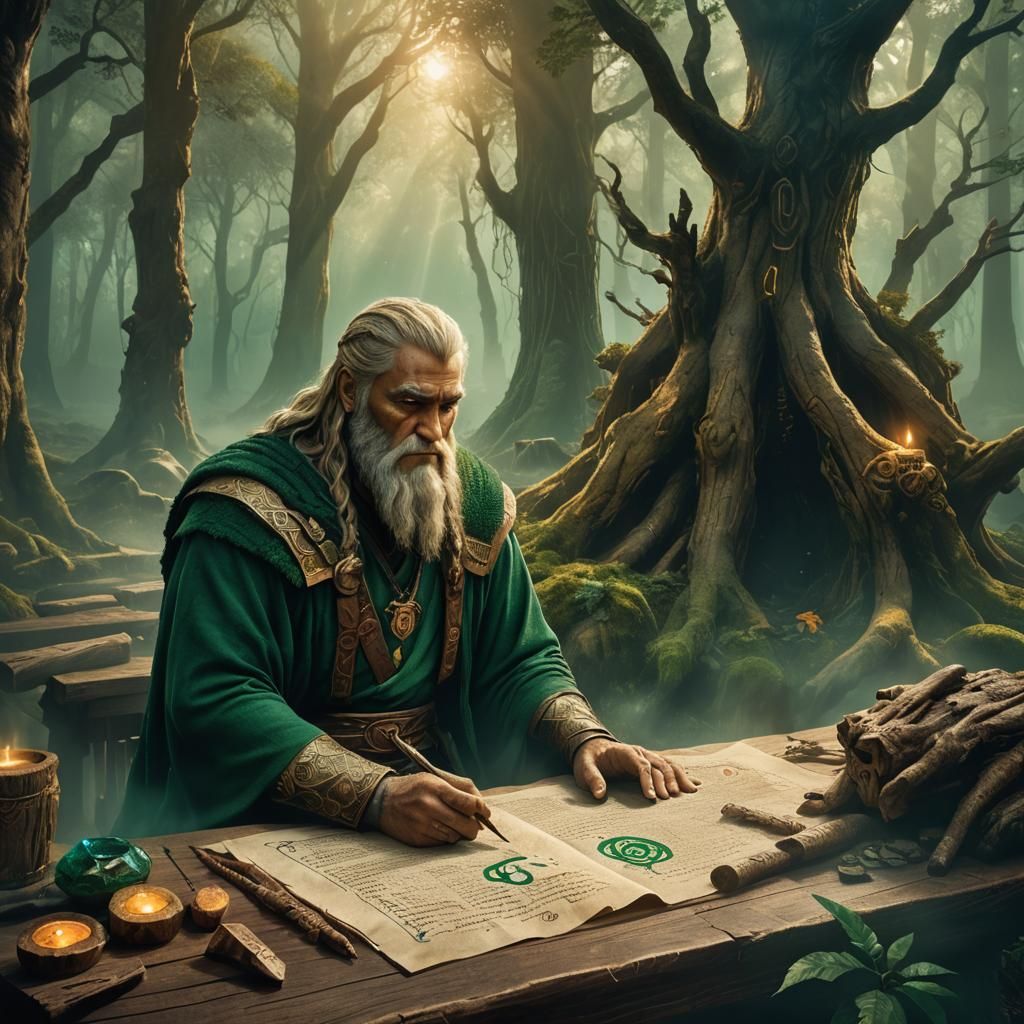 Gilgamesh Inscribes Ancient Runes in Mystical Forest