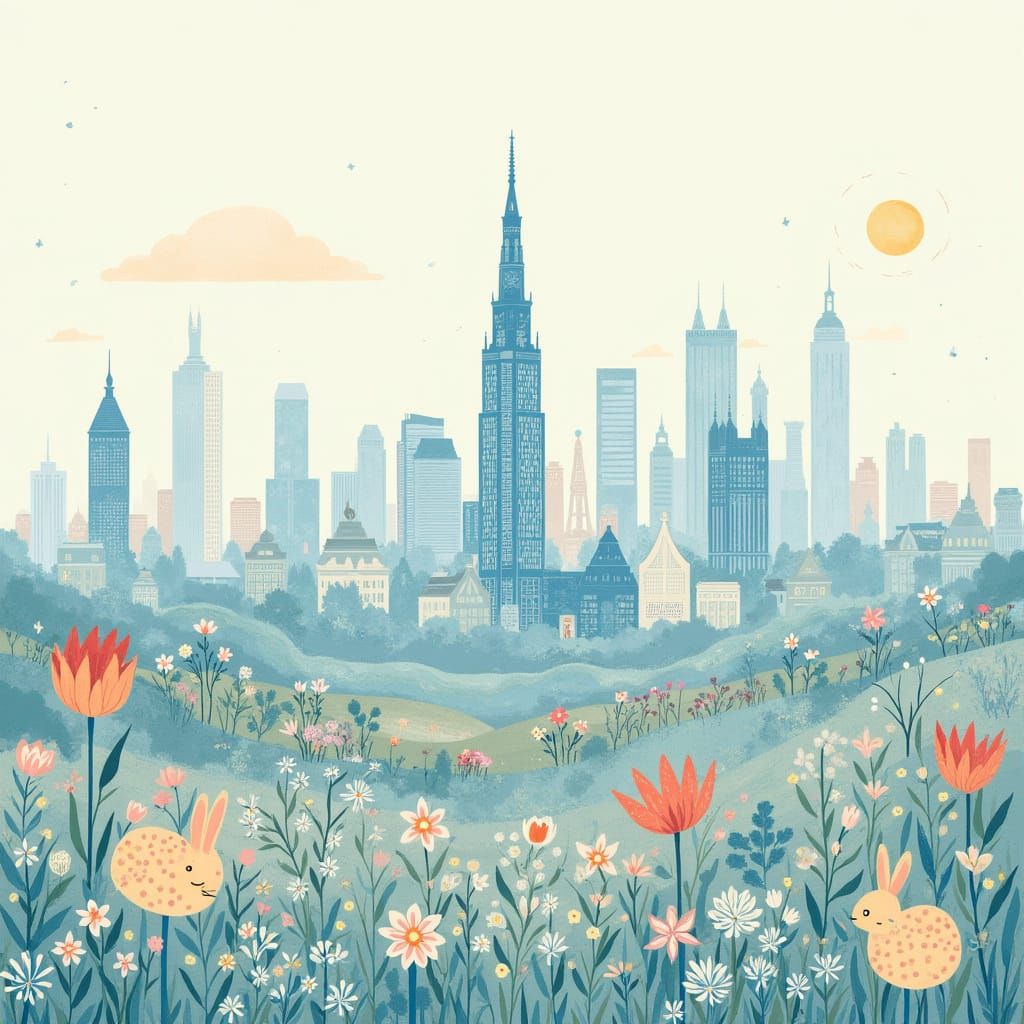 Whimsical Tilburg Skyline with Blue Monkeys and Elephants