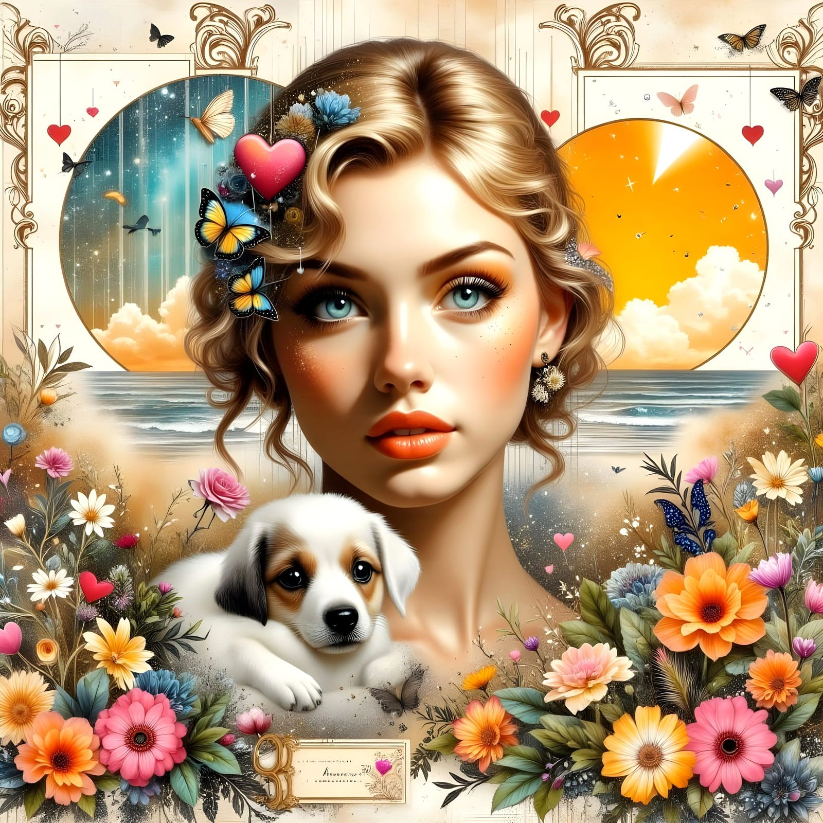 A Dreamy Close-Up of a Pastel-Hued Girl Amidst Whimsical Ele...