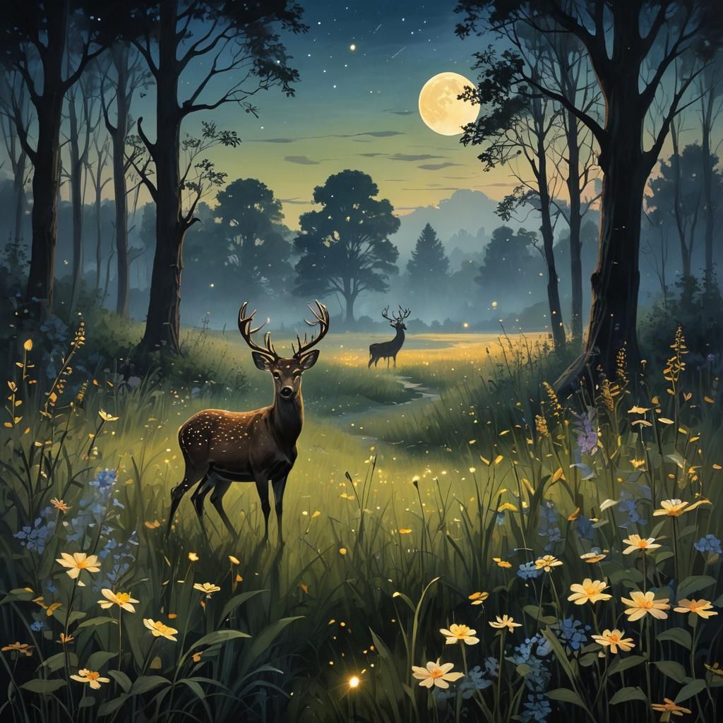 Ethereal Firefly Meadow at Night: Fantasy Concept Art