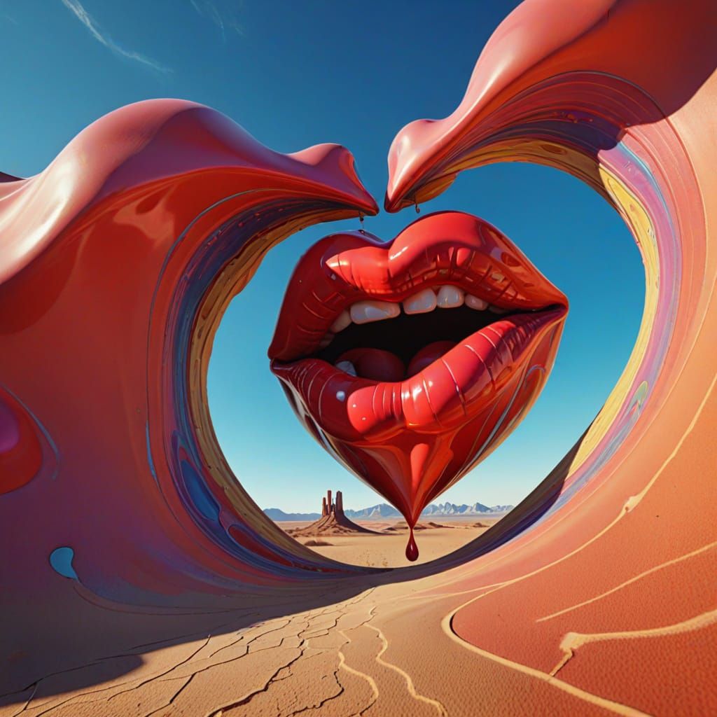 Surreal Kissing Mouth in Desert Heart Sky