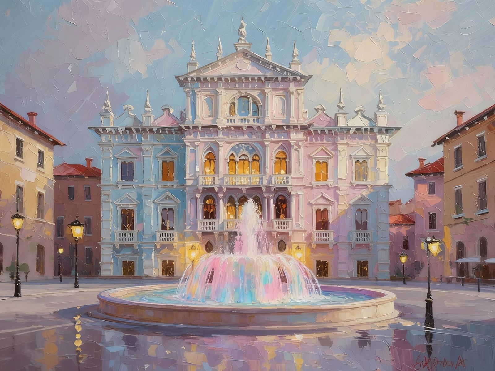 Impressionist Palazzo with Fountain in Pastel Hues
