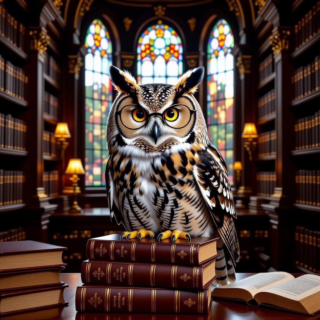 Spectacled Owl in Cozy Library, Vermeer Style