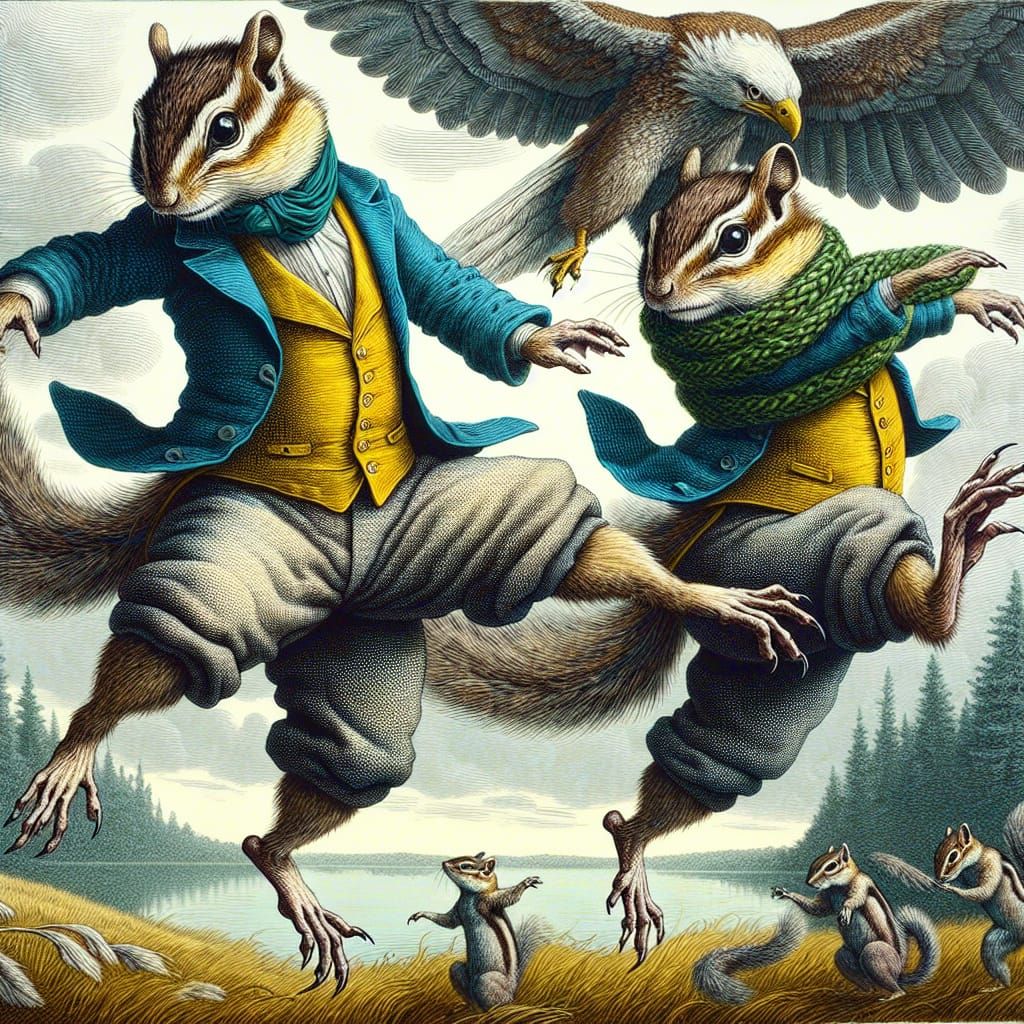 Chipmunks in Peril: An Impasto and Aquatint Scene