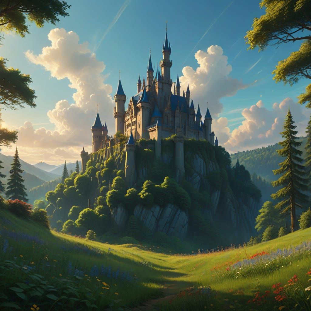 Fantasy Castle in Meadow, Miyazaki Style