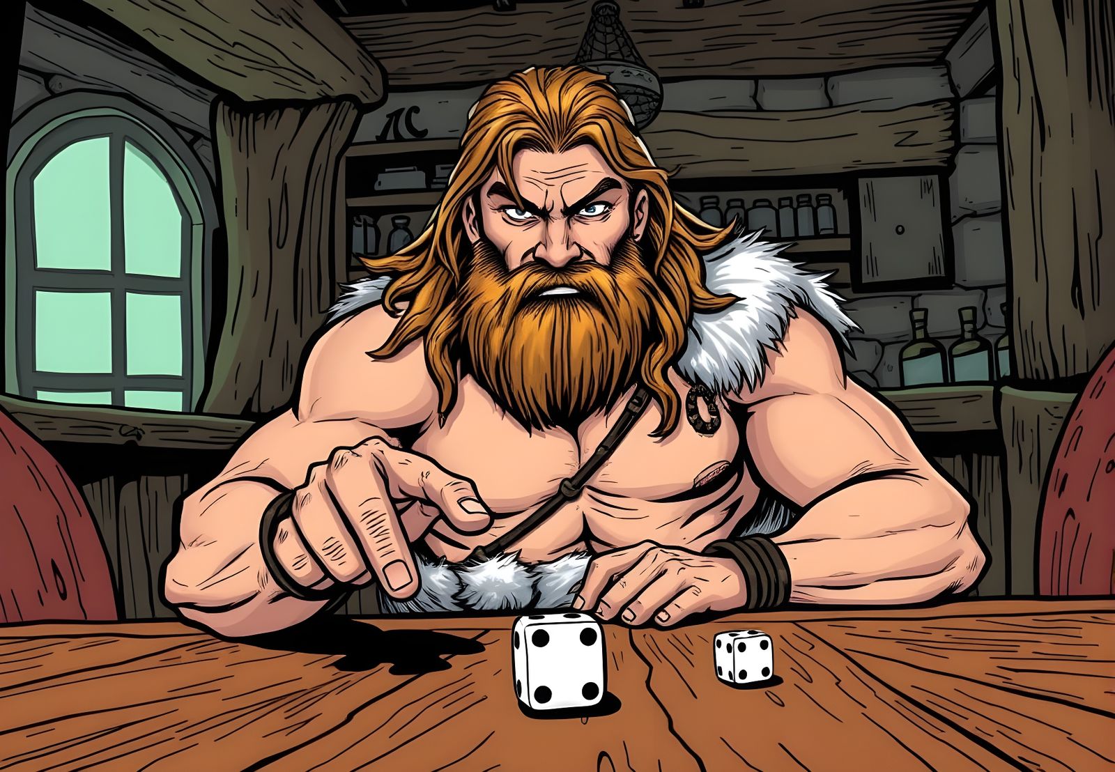 Eager Barbarian Rolls Dice at Tavern