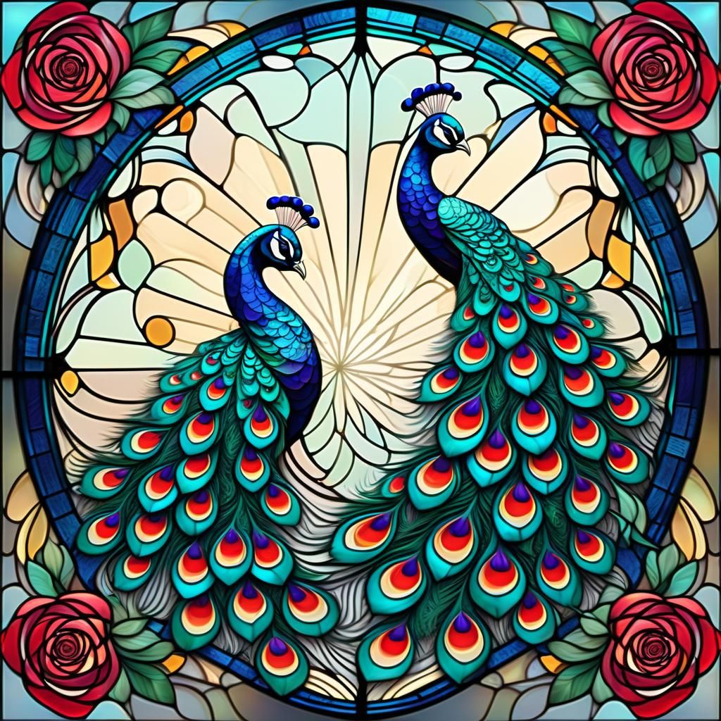 Peacock and Roses Stained Glass Window