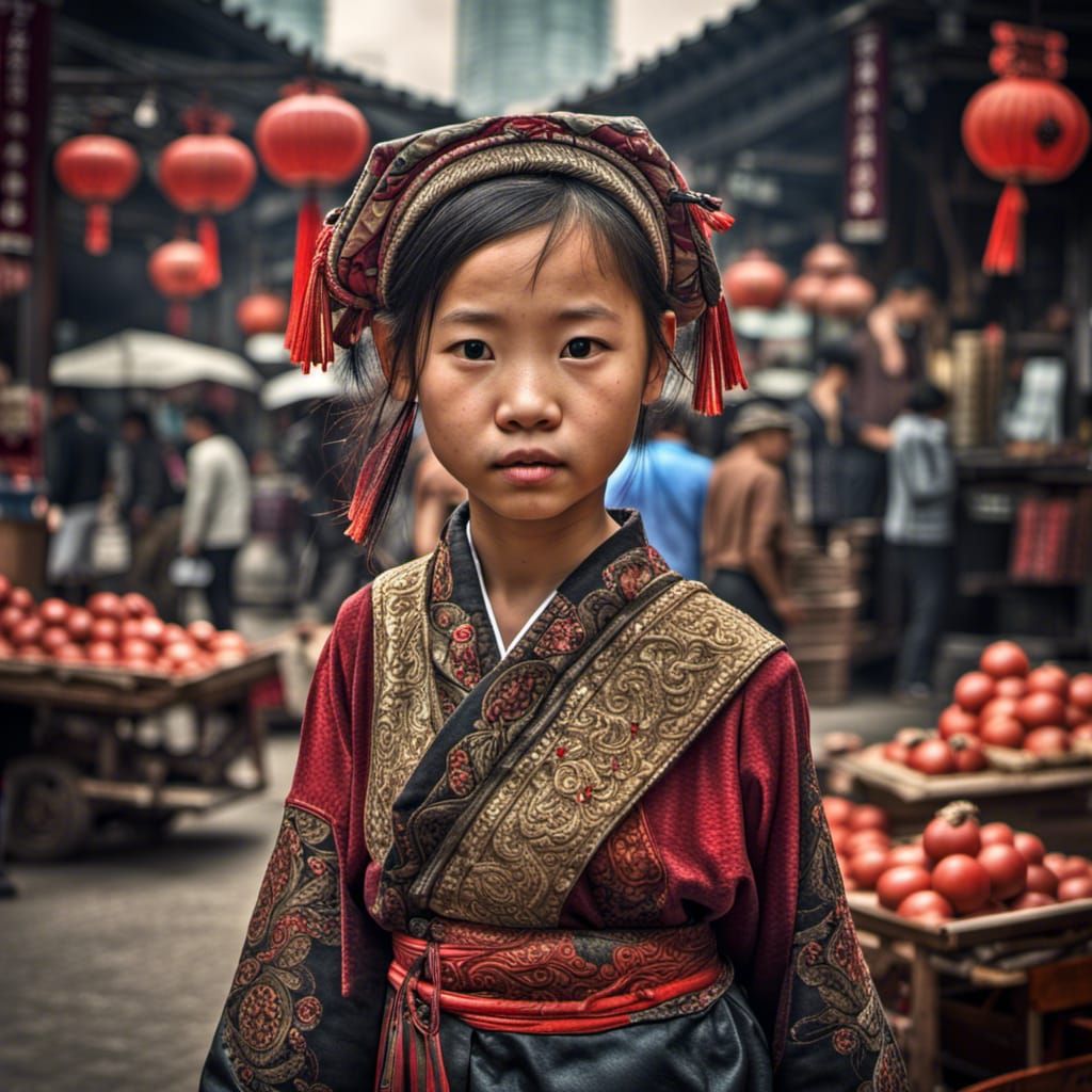 Hyperrealistic Fujian Girl in Bustling Marketplace