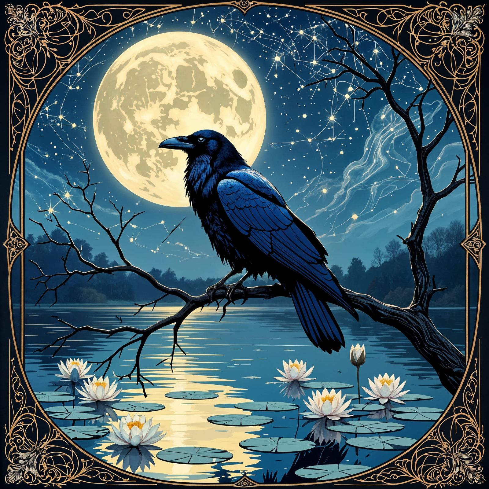 Majestic Raven Over Moonlit Lake in Neo Art Nouveau