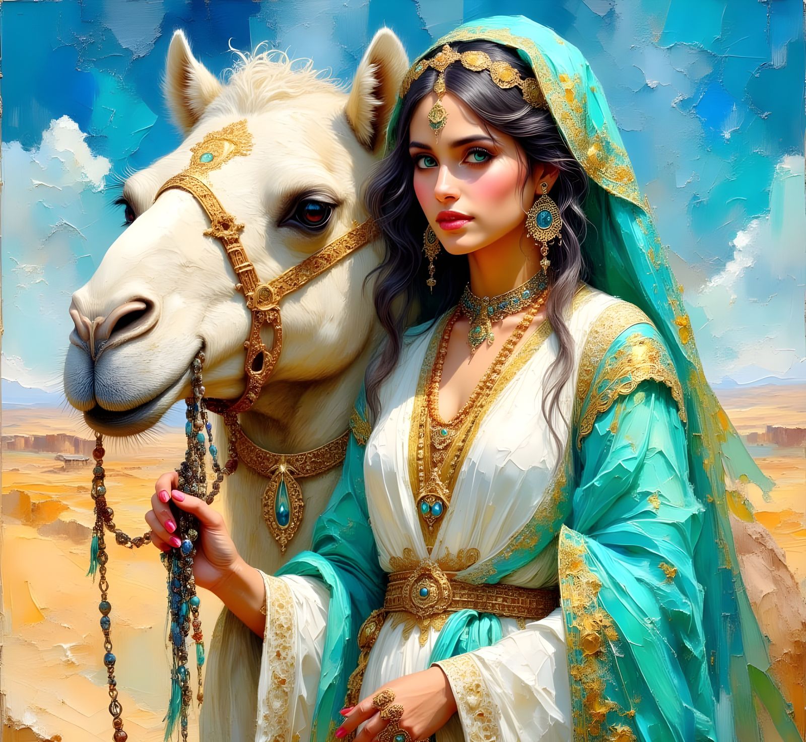 Arabian Princess Portrait in Windswept Desert, Oil Painting