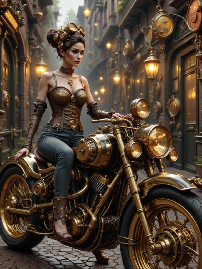 Steampunk Lady on Brass Motorcycle in Hyperrealistic Style