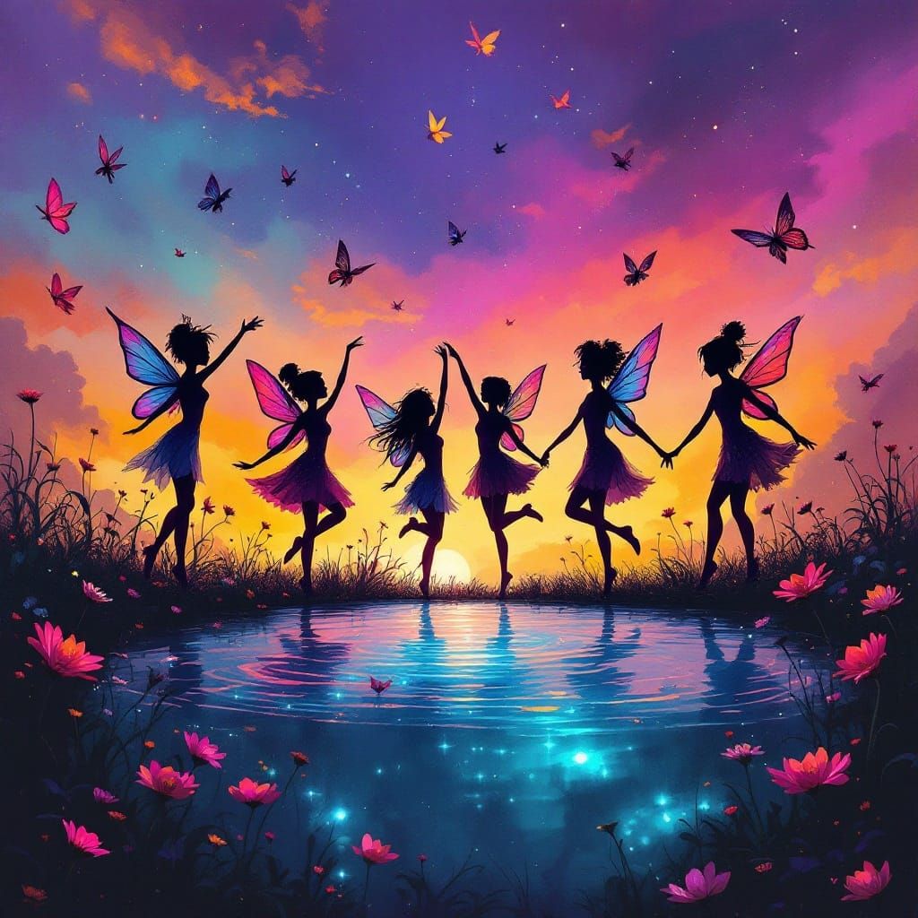 Sunset Fairy Dance: Graffiti Art and Splash Art Fusion