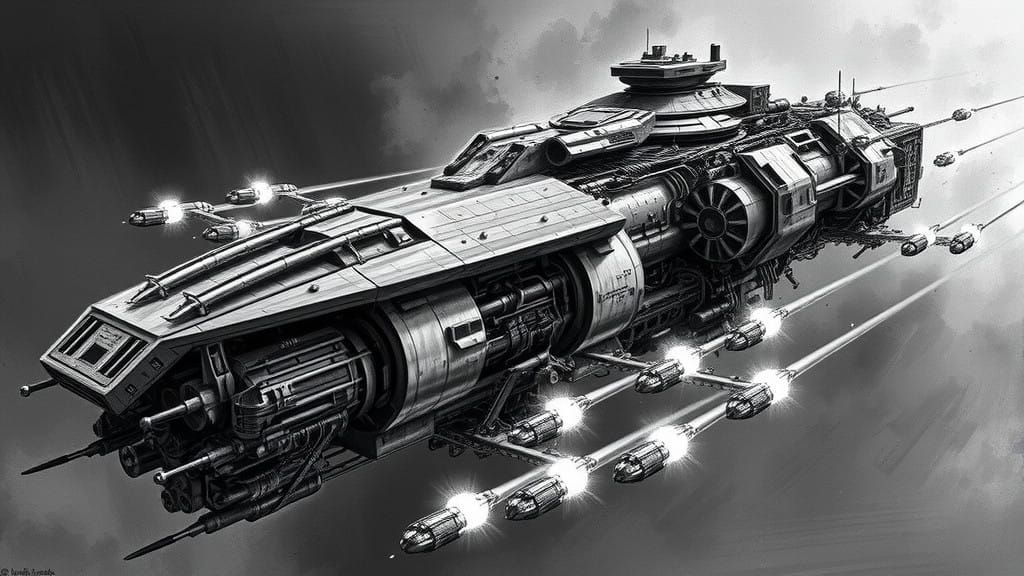 Cyberpunk Starship in Ominous Grey Skies