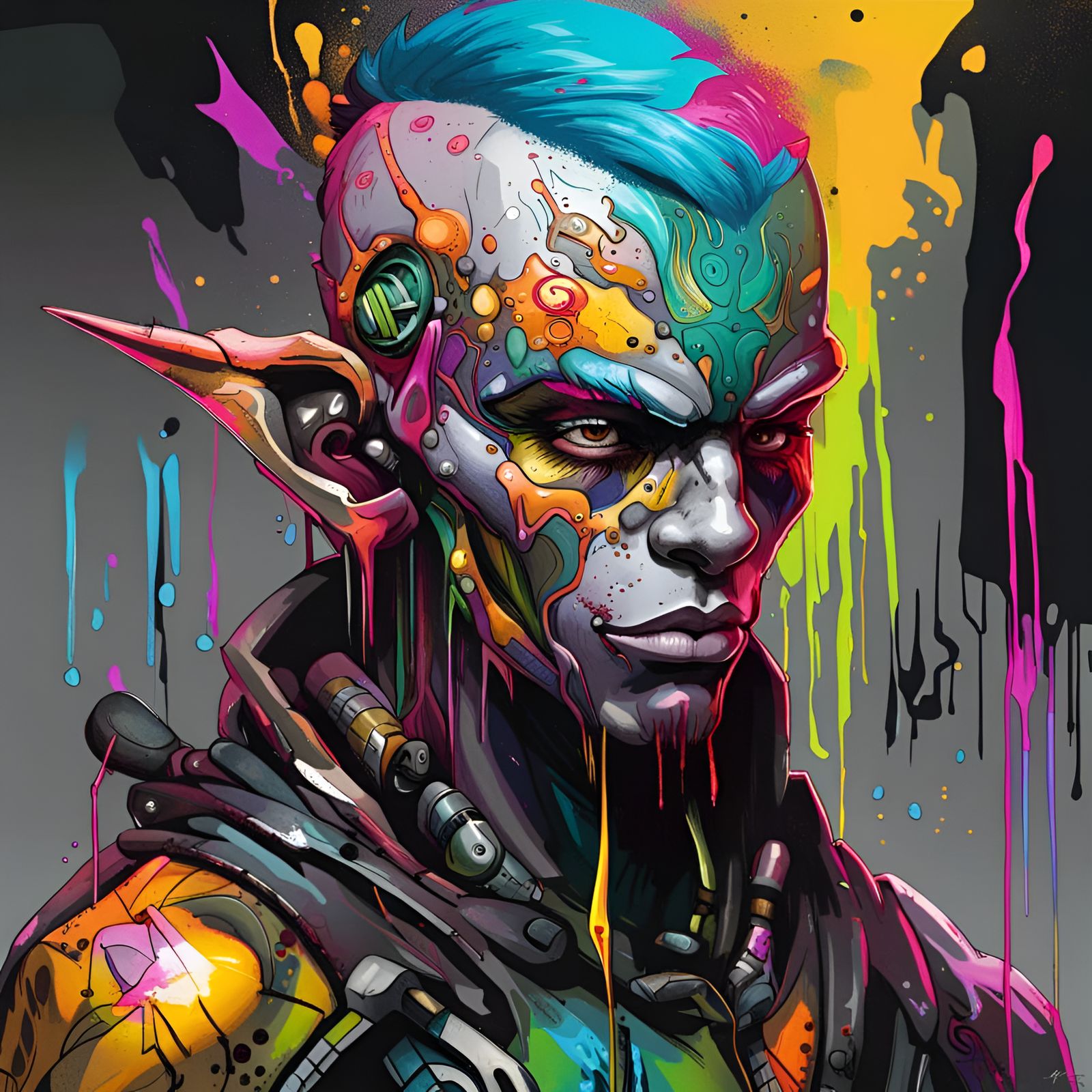 Cyborg Elf in Graffiti Street Art Style