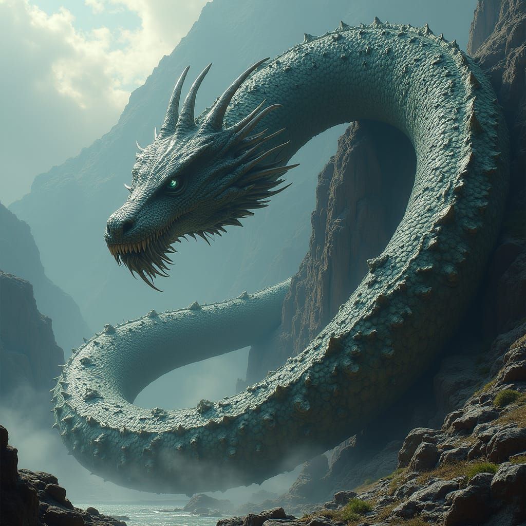 Majestic World Serpent Jormungandr Towers Over Mountains