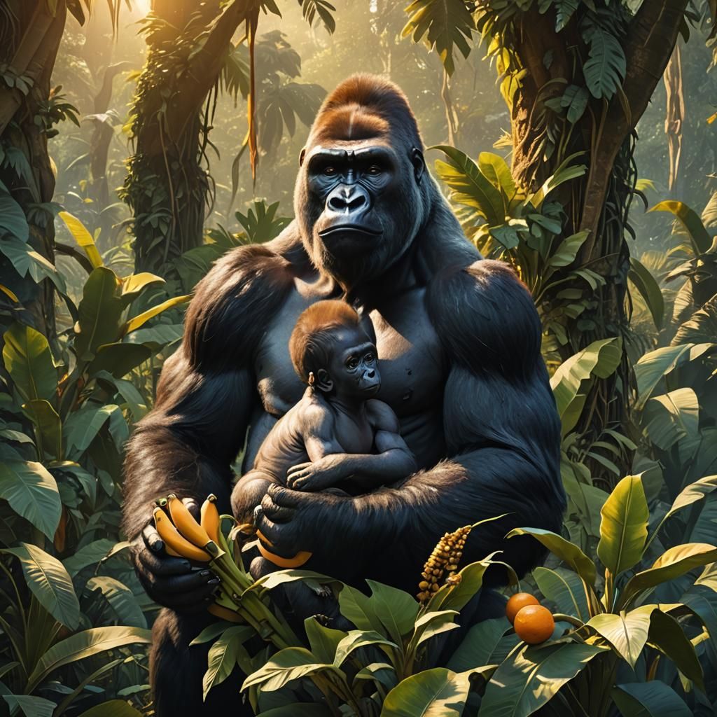 Gorilla Mother and Baby in Lush Jungle