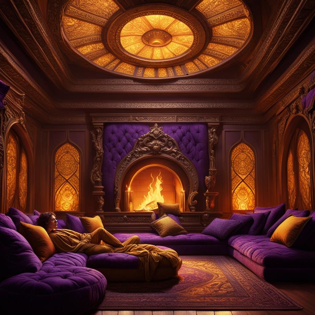 Mystical Chamber with Fireplace: Dark Fantasy Concept Art