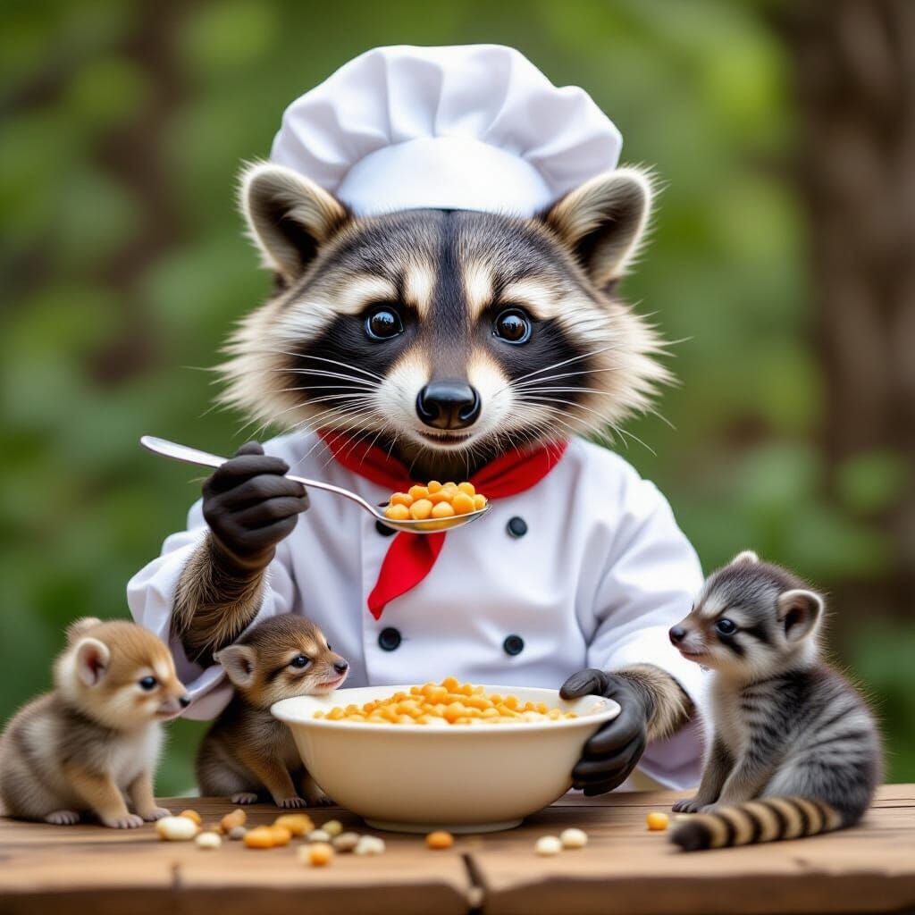 Racoon Chef Feeds Baby Animals with Love