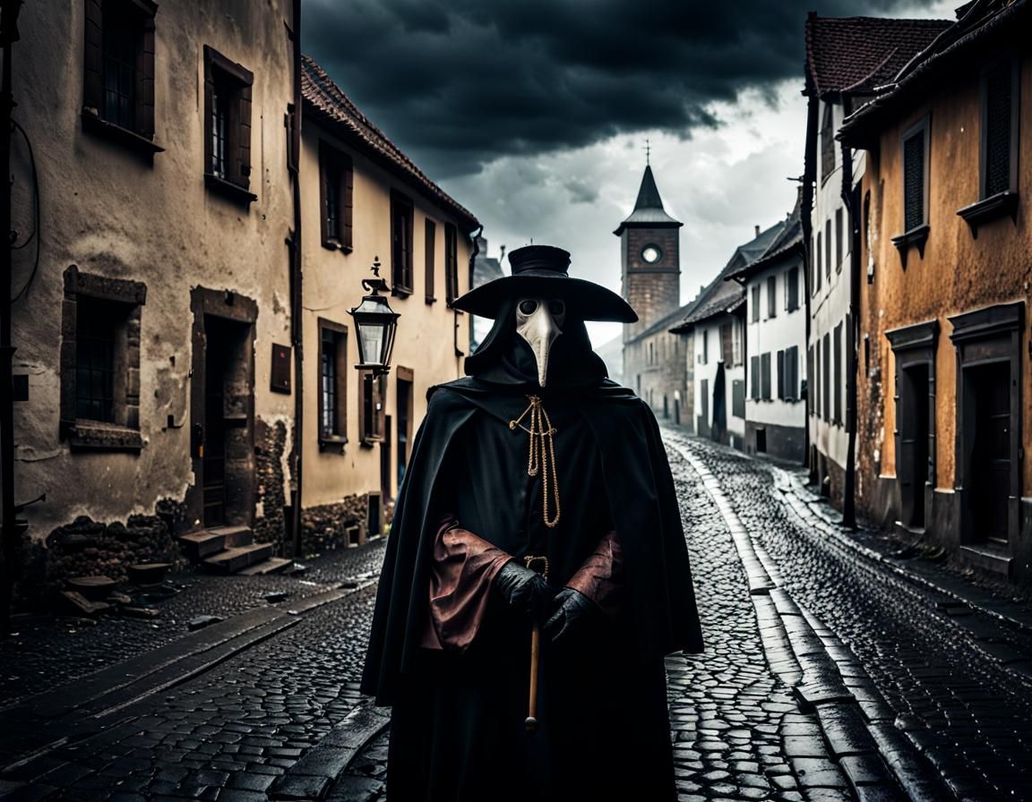 Plague Doctor in Gloomy Medieval Town Street