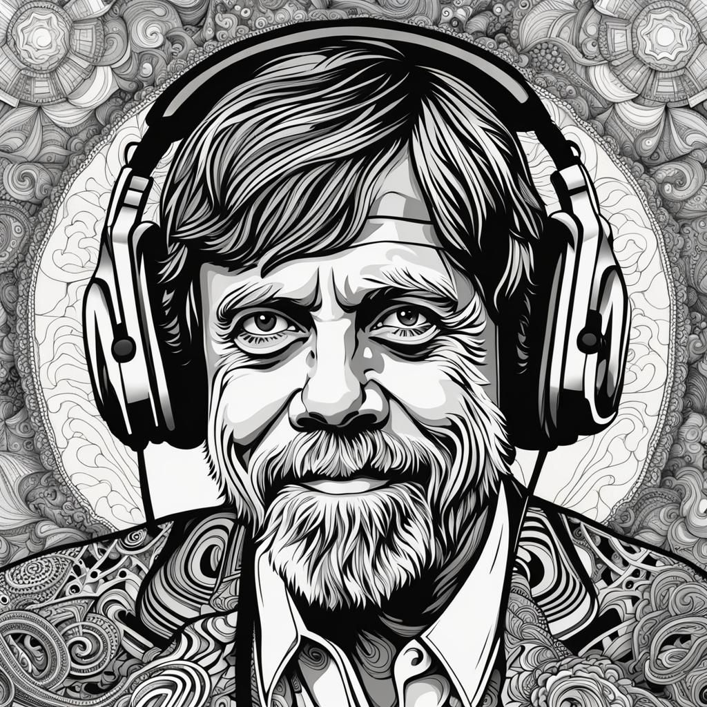 Monochrome Zentangle Portrait of Mark Hamill with Headphones