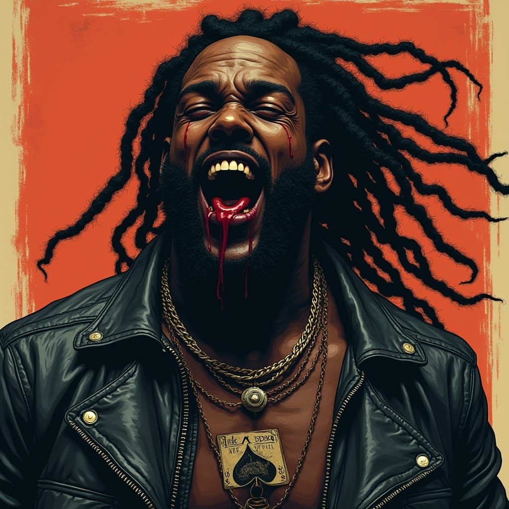 muscular black dreadlock rasta man as a vampire with blood d...