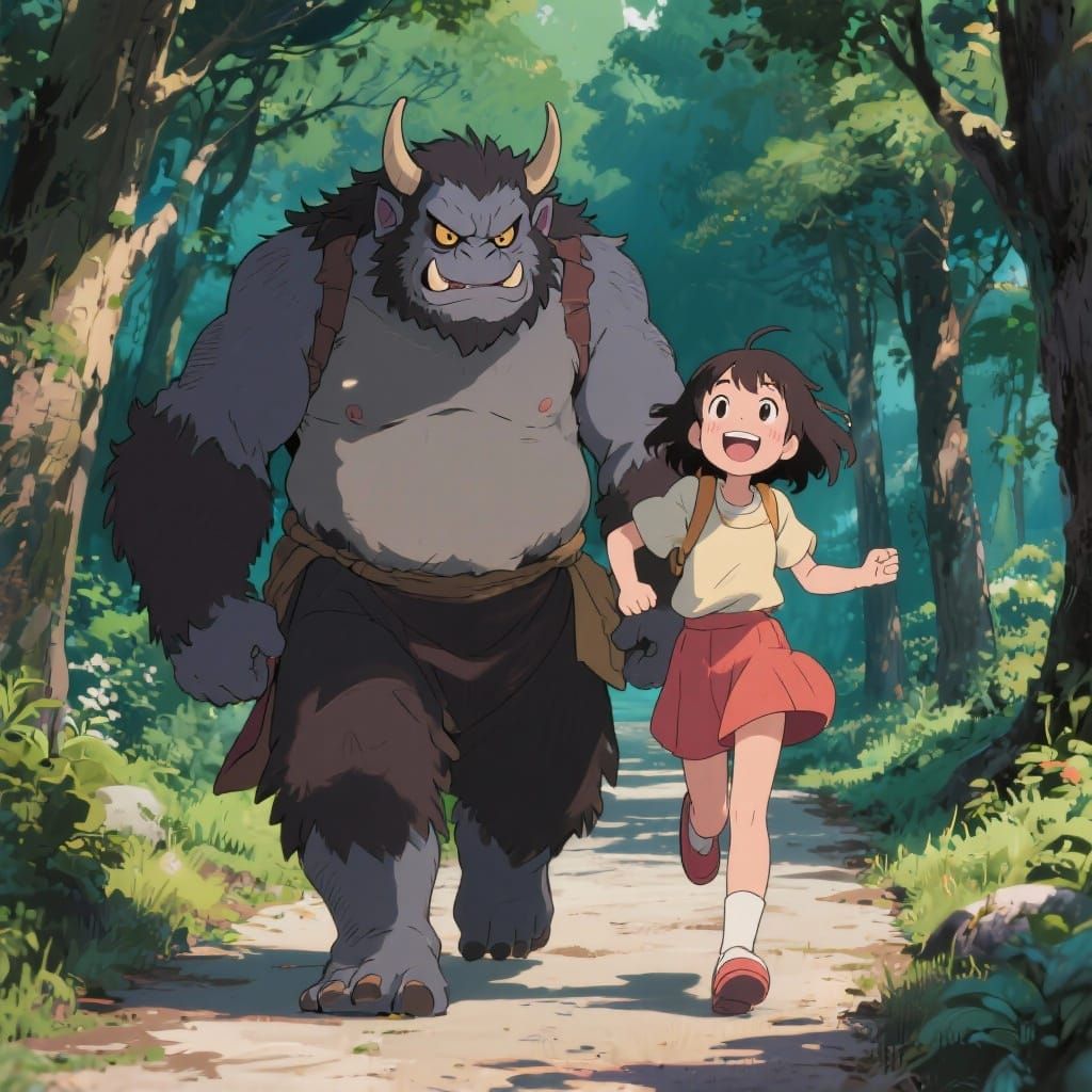 Ogre and Girl Walk Woods in Anime Style