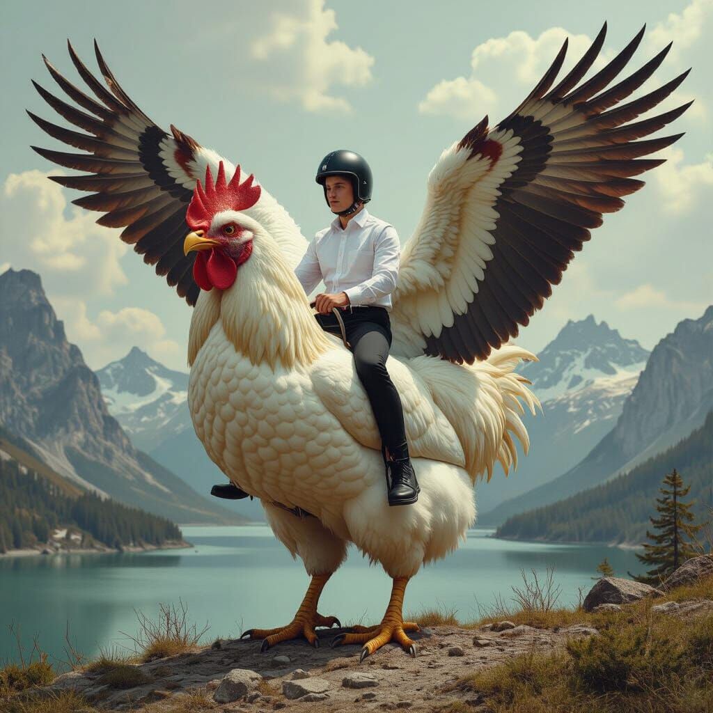 Man Rides Two-Headed Chicken in Dark Fantasy Landscape