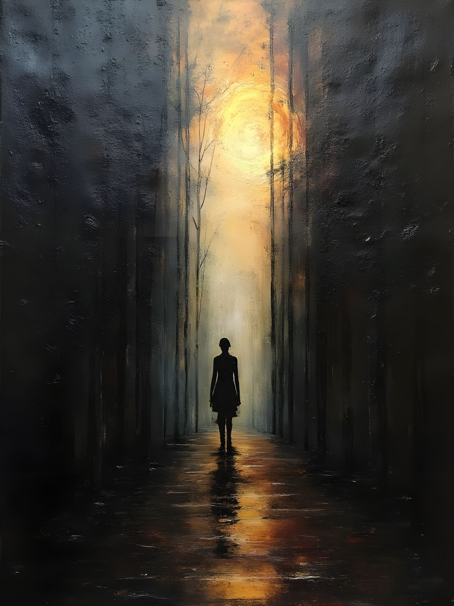 Expressionist Encaustic Painting with Dramatic Shadow Contra...