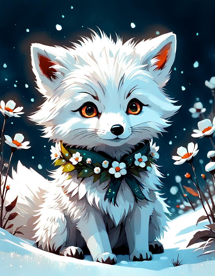 Adorable Arctic Fox in Snowman Flowers Costume, Digital Pain...