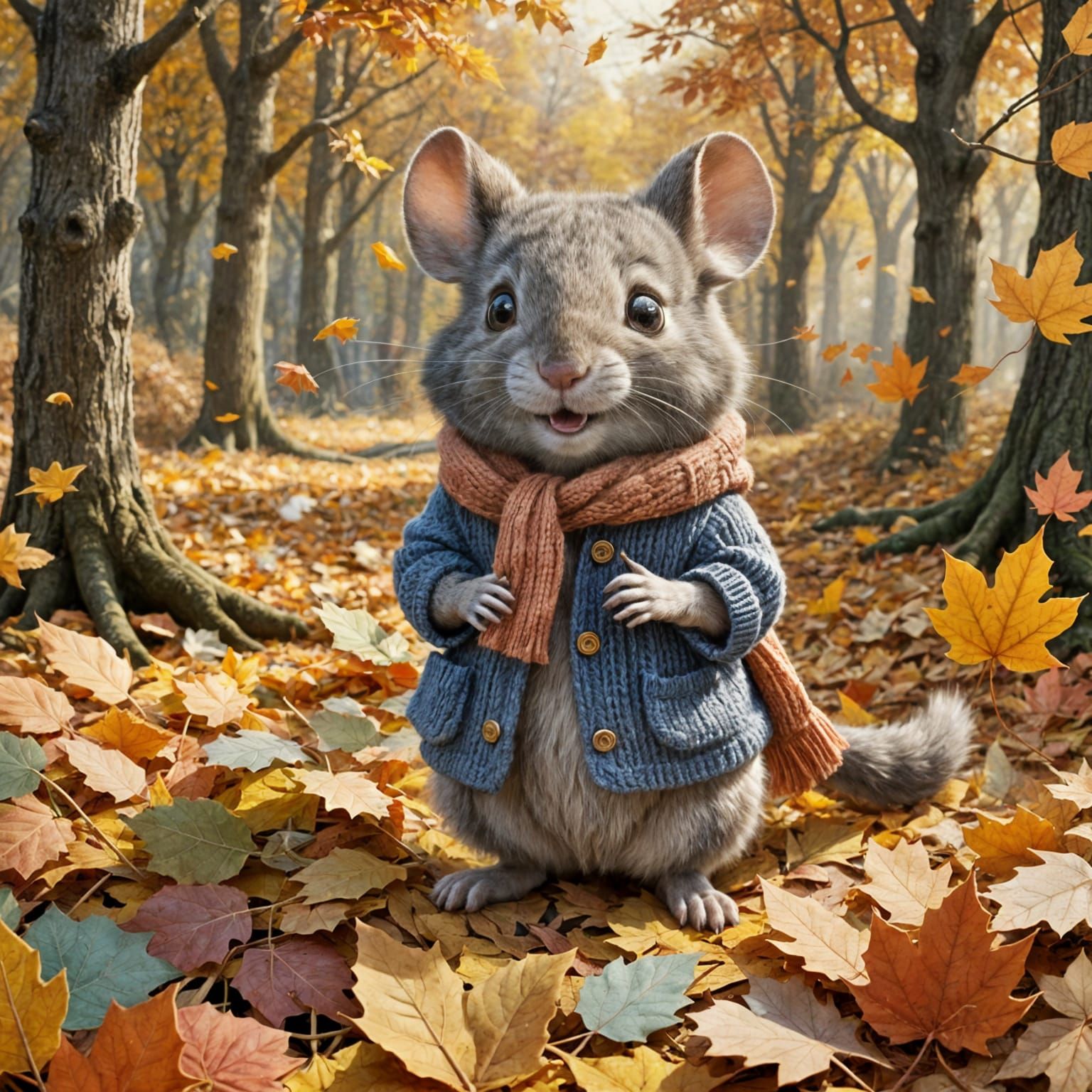 Cute Mouse Leaping in Autumn Leaves