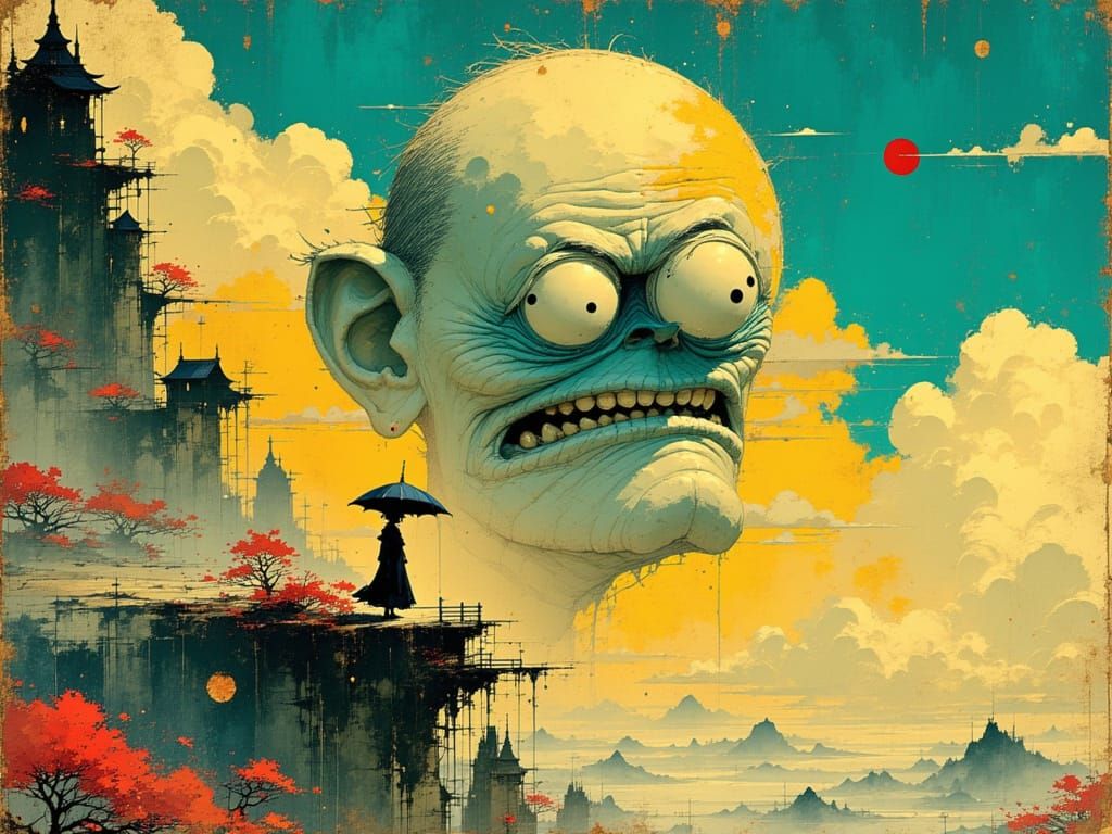 Grumpy Face Appears in Sky, Whimsical Illustration