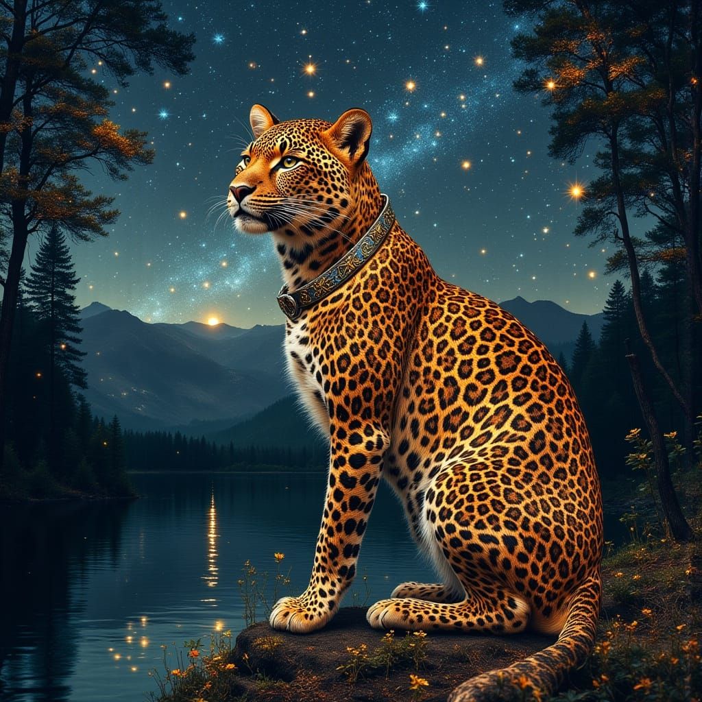 Leopard on Riverbank Under Starry Sky, Digital Painting