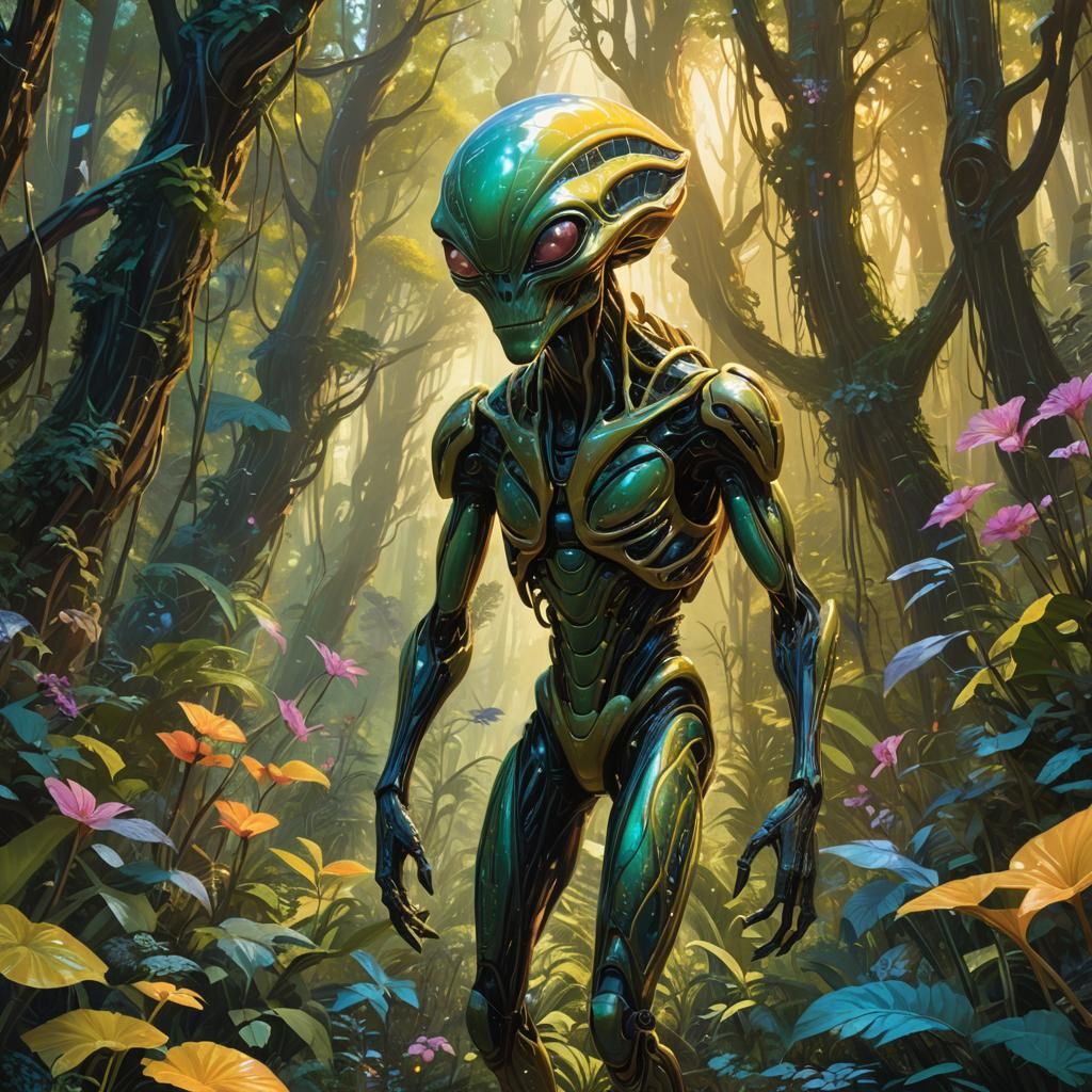 Joyful Alien in Vibrant Forest Concept Art