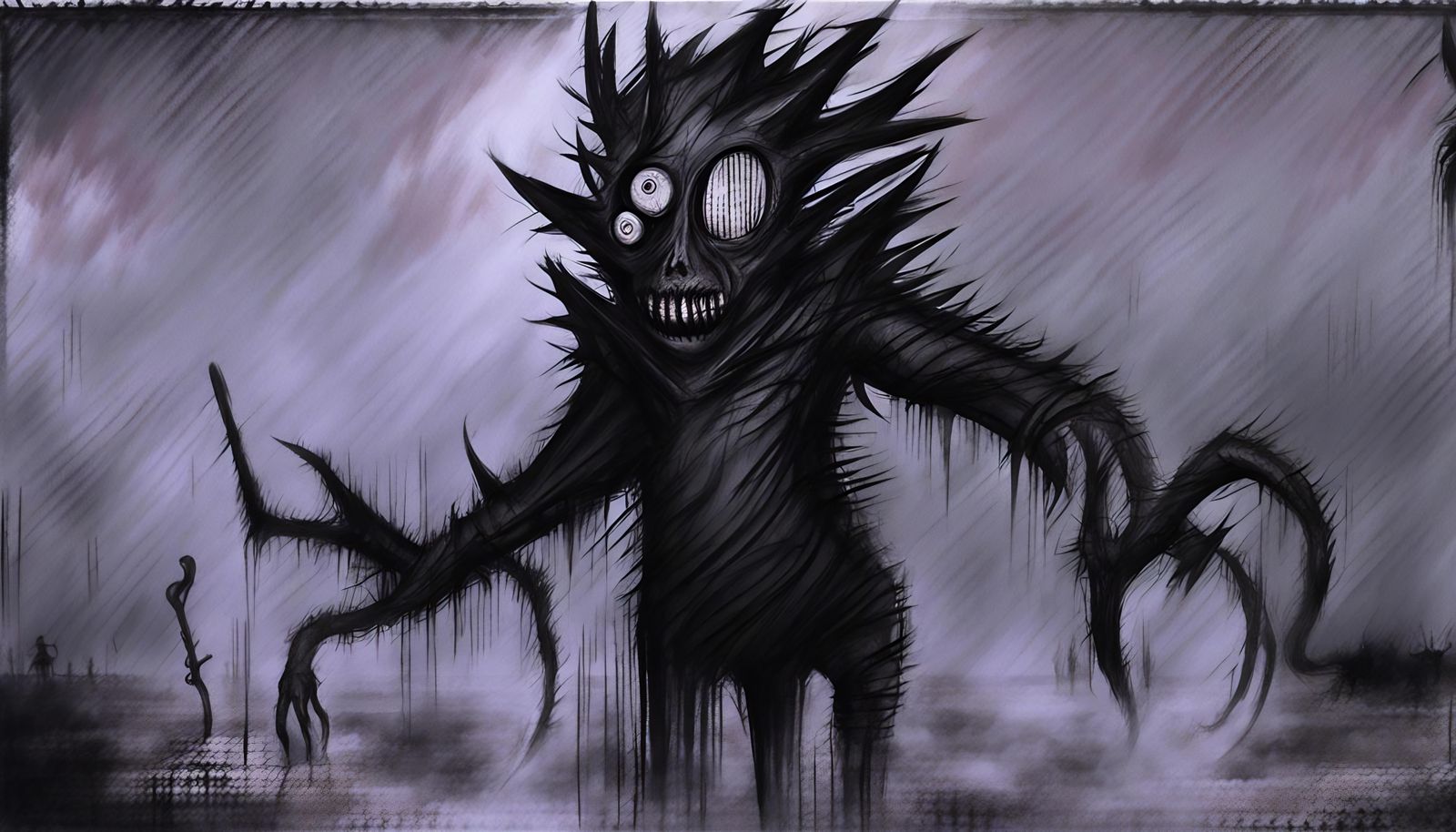 Sinister TV Creature in Fog, Junji Ito Style