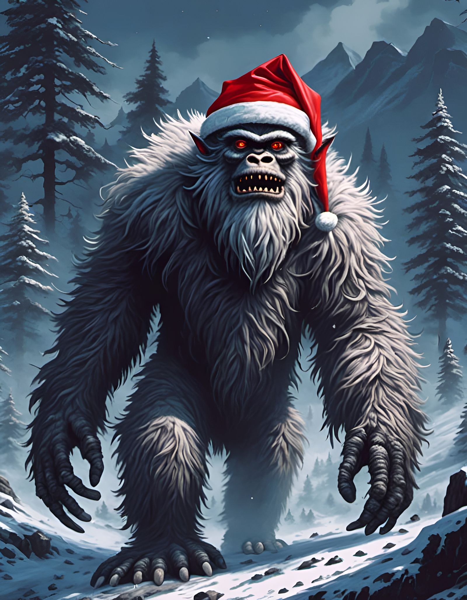 Yeti in Santa Hat: Detailed Digital Portrait