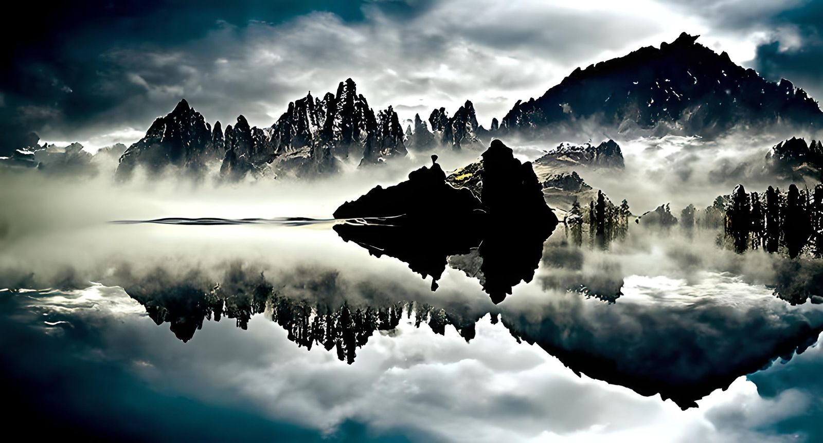 Epic Lake Landscape Photograph with Mist-Enshrouded Mountain...